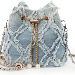 Denim Bucket Bag Quilted Drawstring Purse Crossbody Hobo Casual Fashion